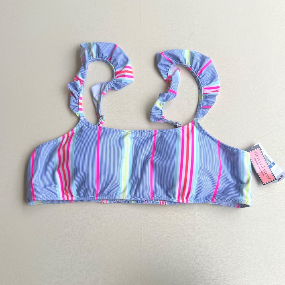 Vineyard Vines Women XL Blue Pink Striped Ruffle Strap Smocked Bikini Top NWT